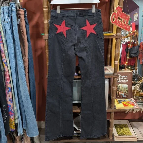NWT Free People Retro Firecracker Red Star Black Jeans 29 Flare Americana High - Picture 2 of 8